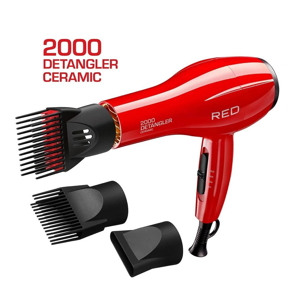Red by Kiss Detangler 2000 Ceramic Hair Dryer Includes 3 Bonus Detangler Attachments