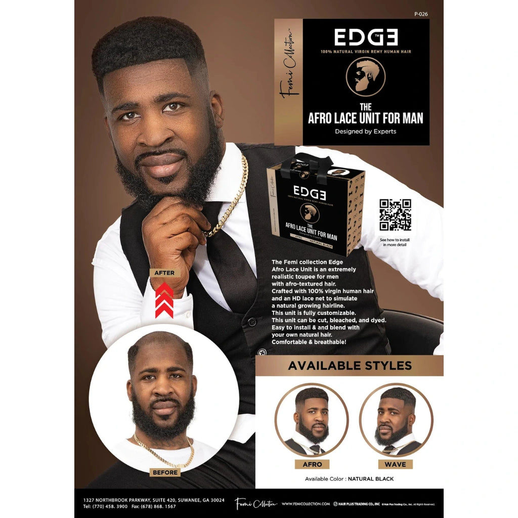 Femi Collection 100% Human Hair Afro Lace Unit for Men -