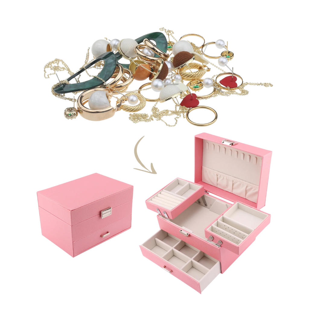 Pink Jewelry Organizer Case with Compartments and Pull-Out Drawer