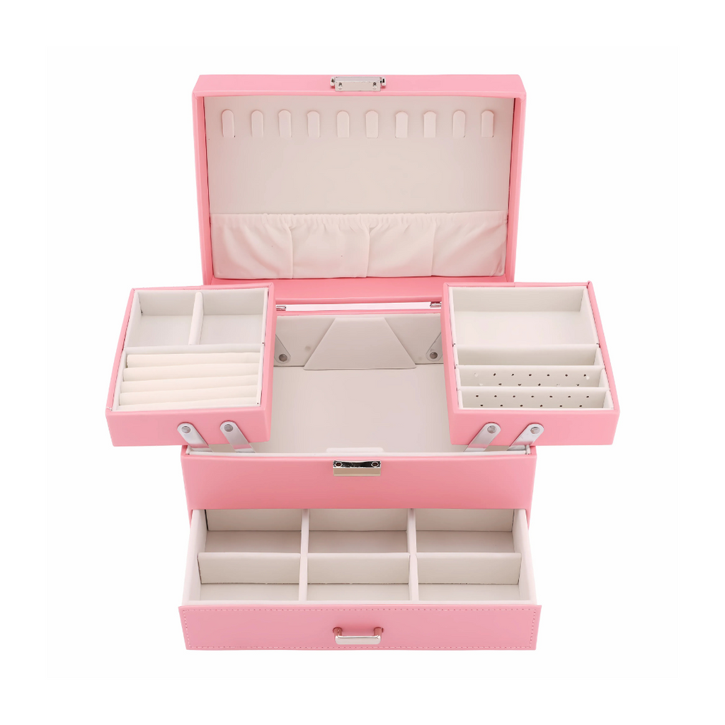 Pink Jewelry Organizer Case with Compartments and Pull-Out Drawer