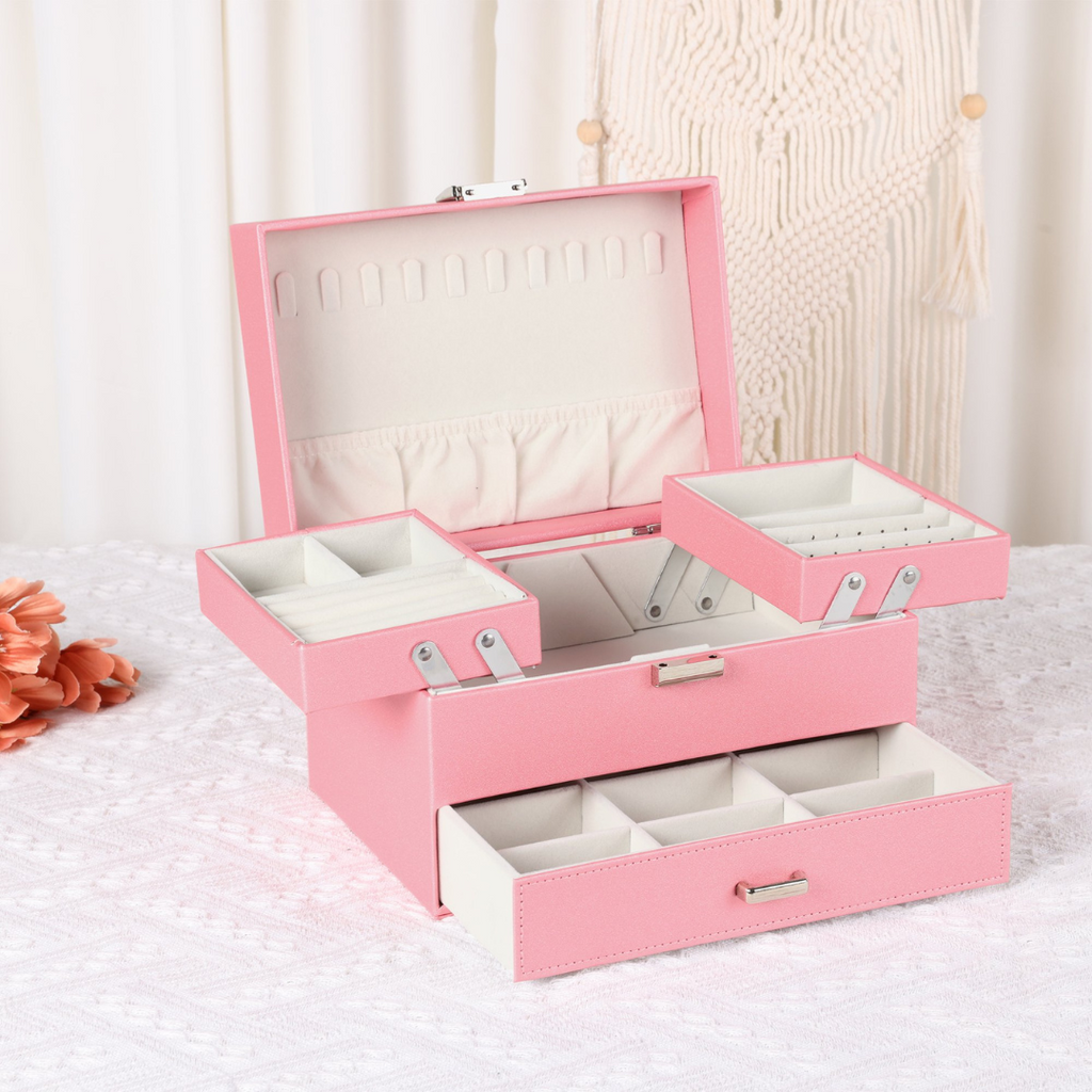 3 Layer Pink PU Leather Jewelry Box with Drawer for Women and Girls