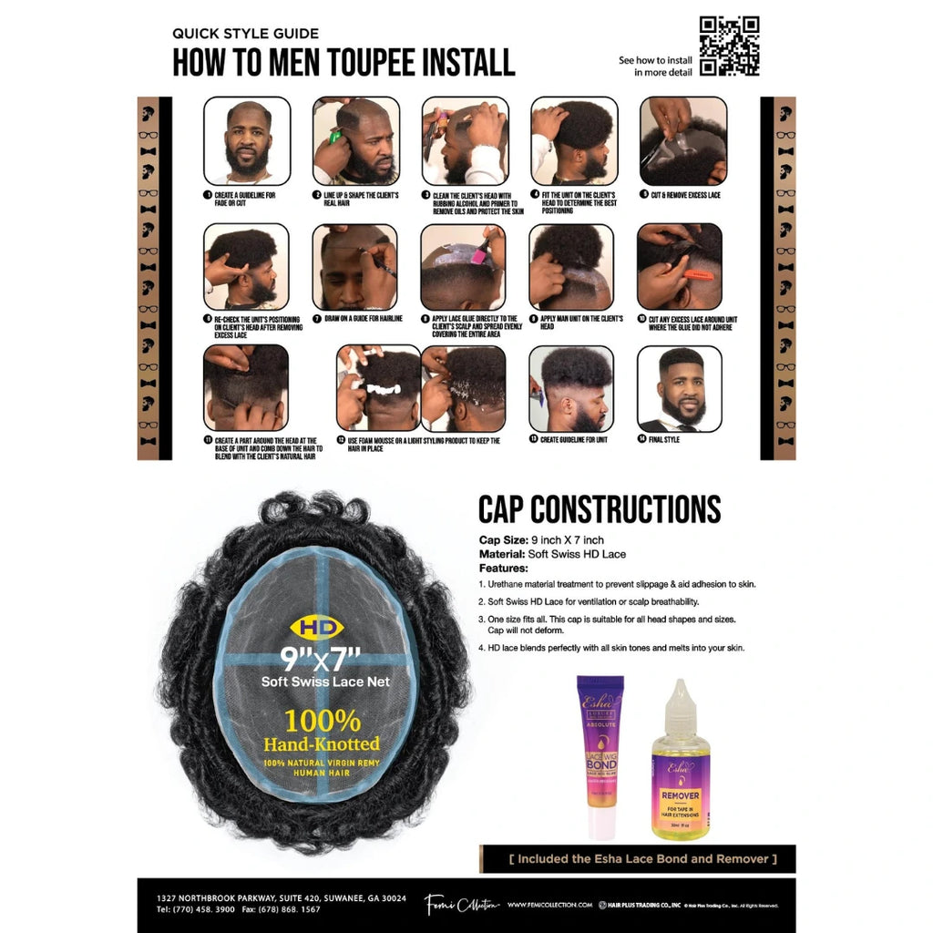 Femi Collection 100% Human Hair Afro Lace Unit for Men -