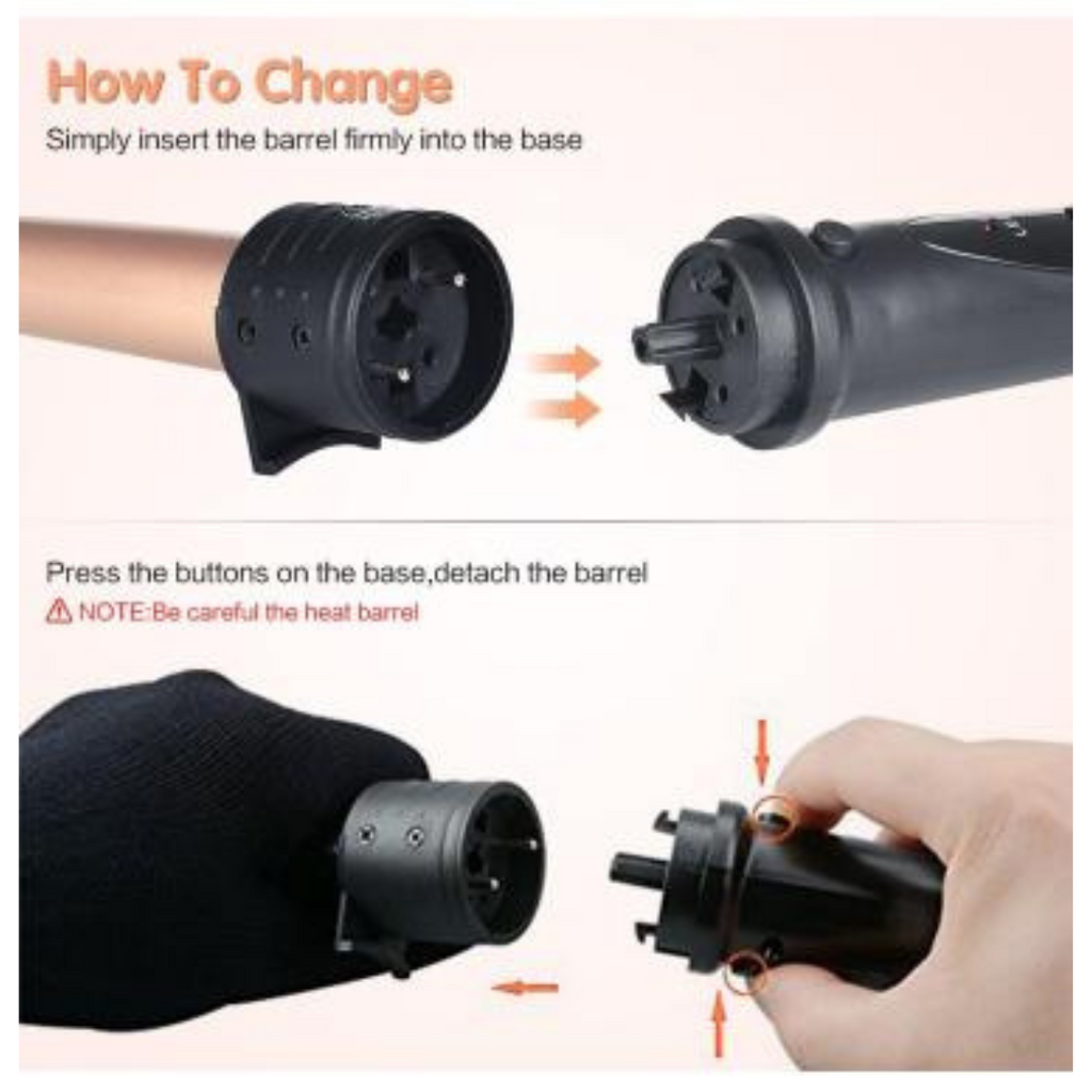 Instructions on how to change a hair dryer barrel attachment with text and diagrams.