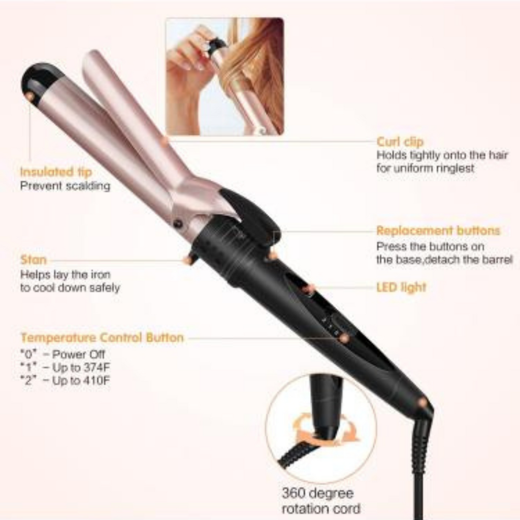 Hair curling iron with features highlighted 