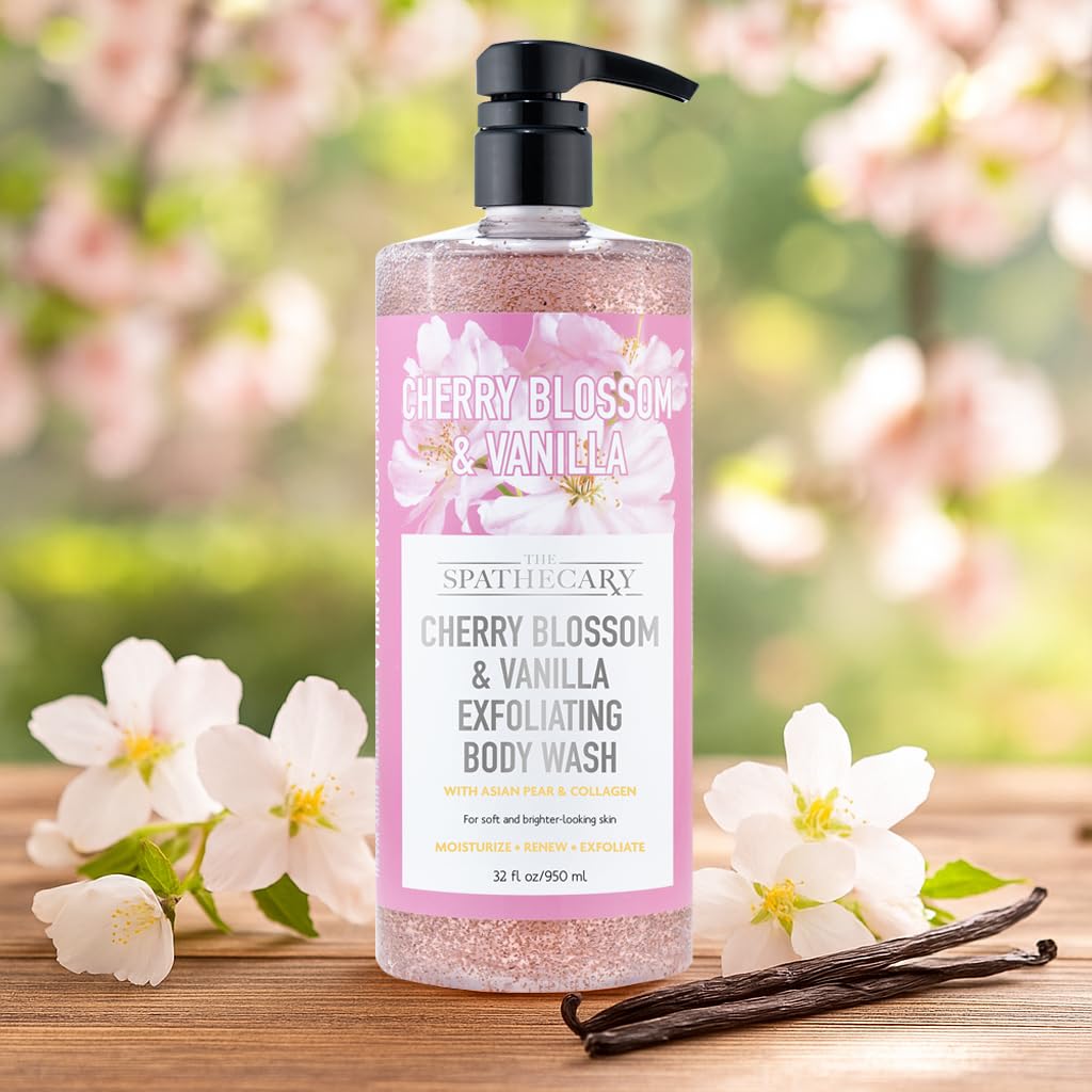 Spascriptions Cherry Blossom & Vanilla Exfoliating Body Wash with Collagen & Asian Pear 32 oz pump bottle front view