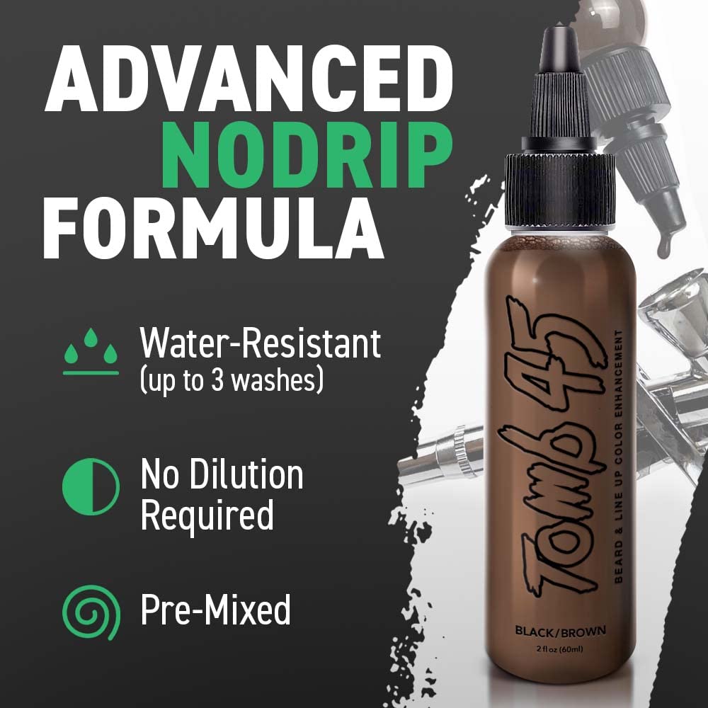 Tomb 45 beard and mustache color enhancer bottle with 'Advanced Nodrip Formula' text and features on a black background.