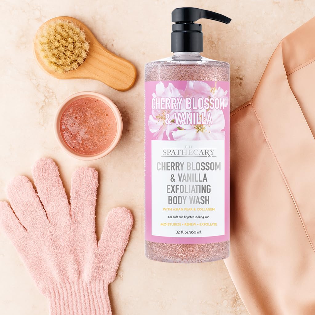 Spascriptions Cherry Blossom & Vanilla Exfoliating Body Wash with Collagen & Asian Pear 32 oz pump bottle front view