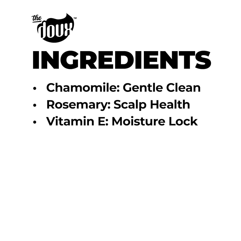 List of ingredients with corresponding benefits on a white background, featuring the Doux logo.