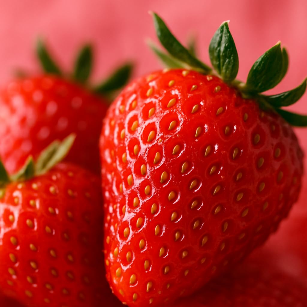 Close-up of red strawberries with green leaves on a red background