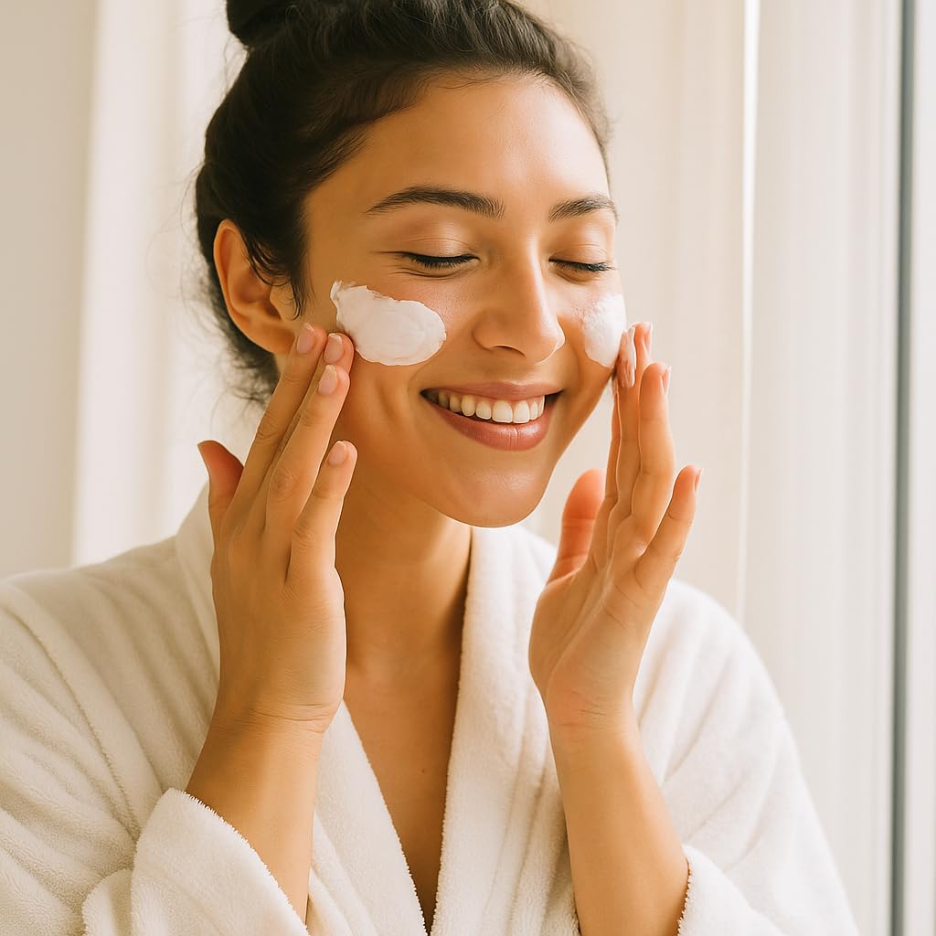 Applying Global Beauty Care Vitamin C Skin Cream to face for hydration & brightening