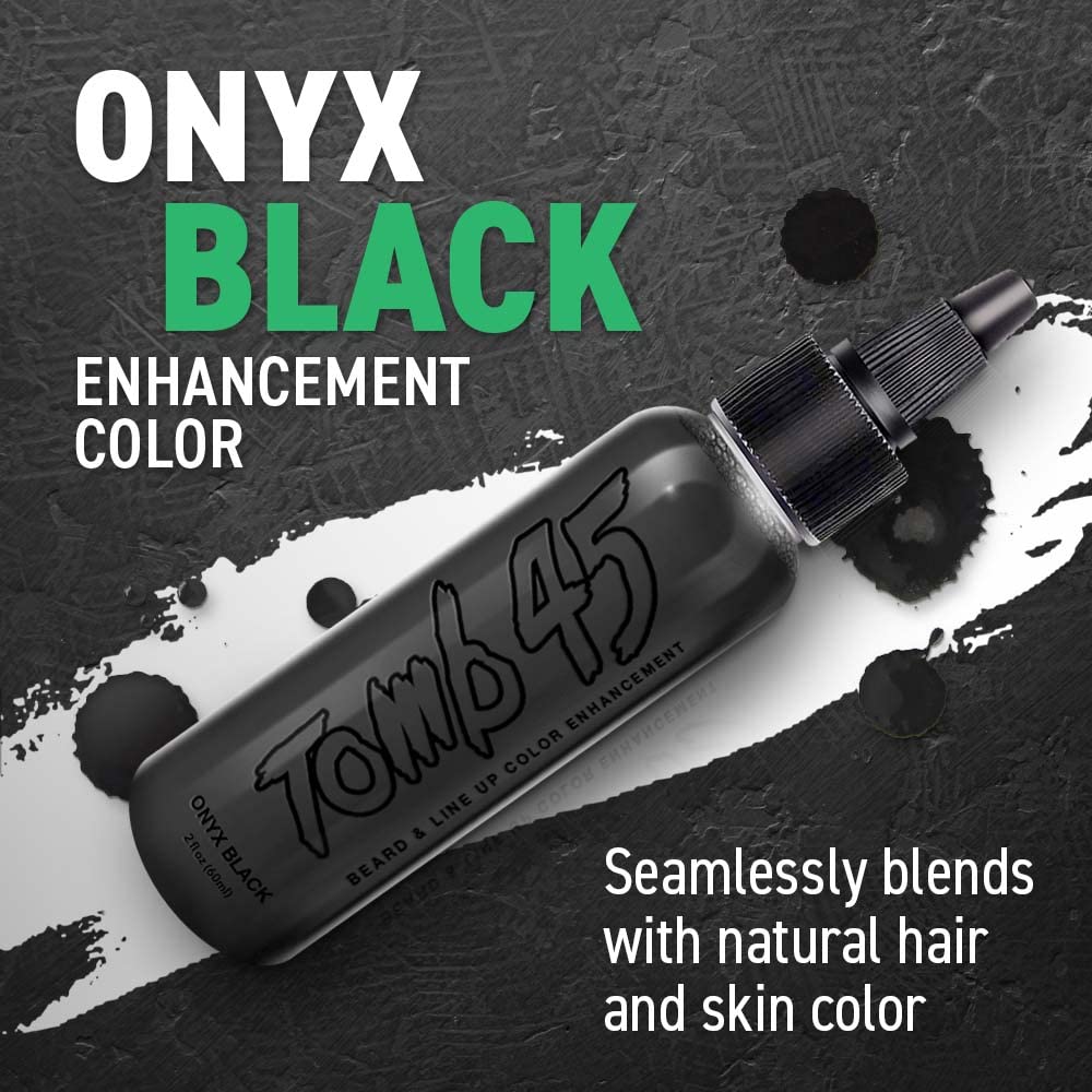 Tomb 45 Onyx Black enhancement color bottle on a dark background with text about blending with natural hair and skin color.