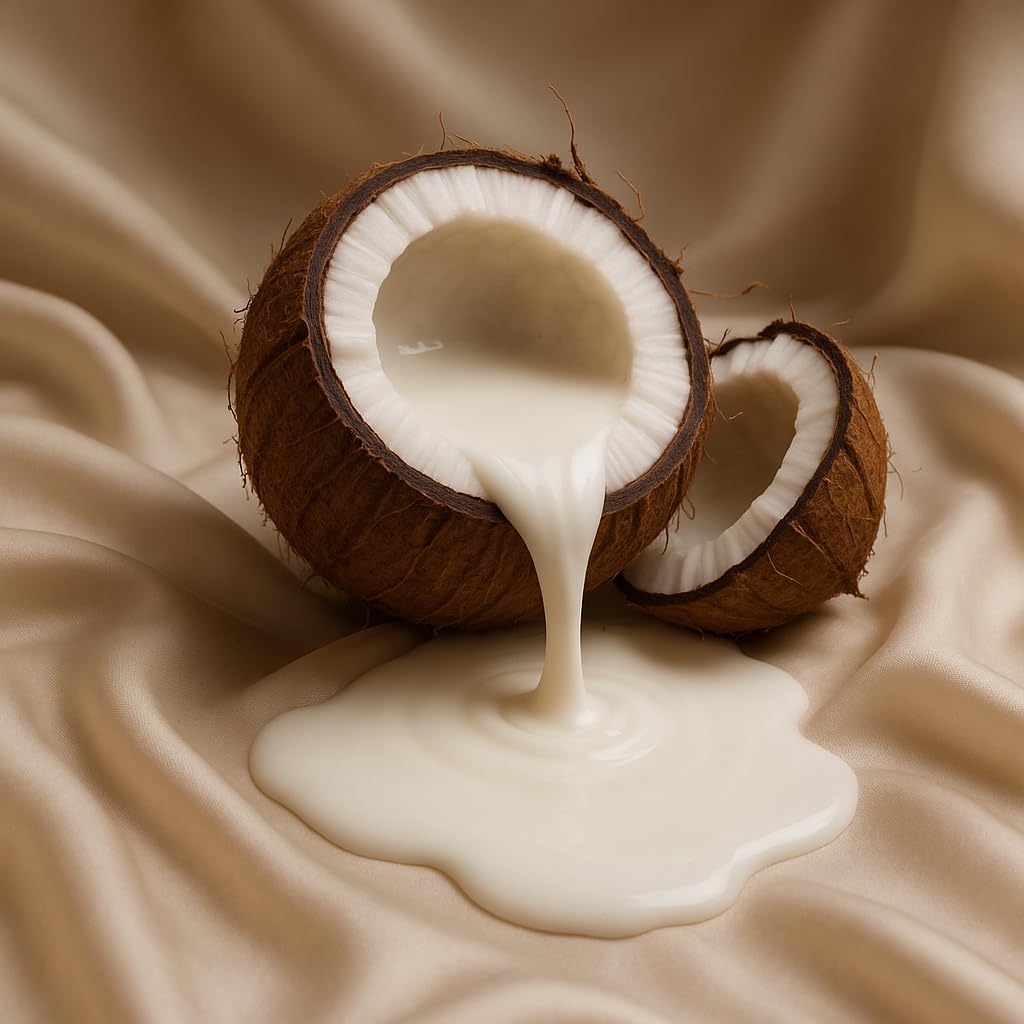 Coconut halves with milk spilling out on a beige fabric background