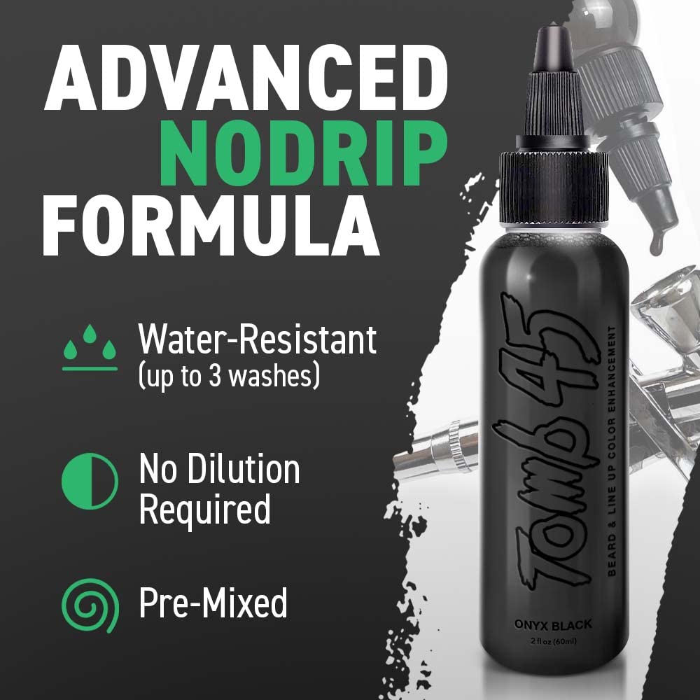 Tomb 45 beard and line color enhancer bottle with 'Advanced Nodrip Formula' text and features on a black background.