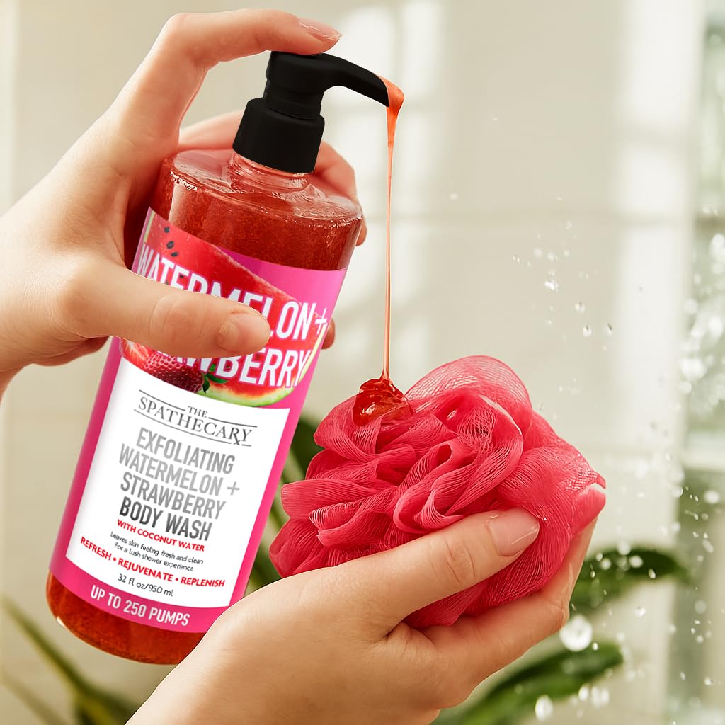 Spascriptions Watermelon & Strawberry Exfoliating Body Wash with Coconut Water 32 oz pump bottle 
