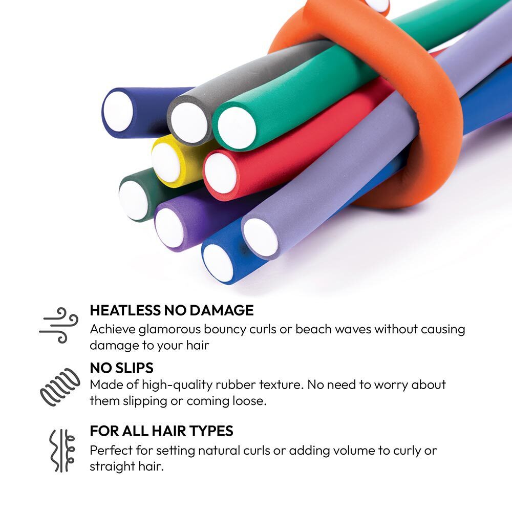 Colorful hair styling tools with text highlighting features on a white background