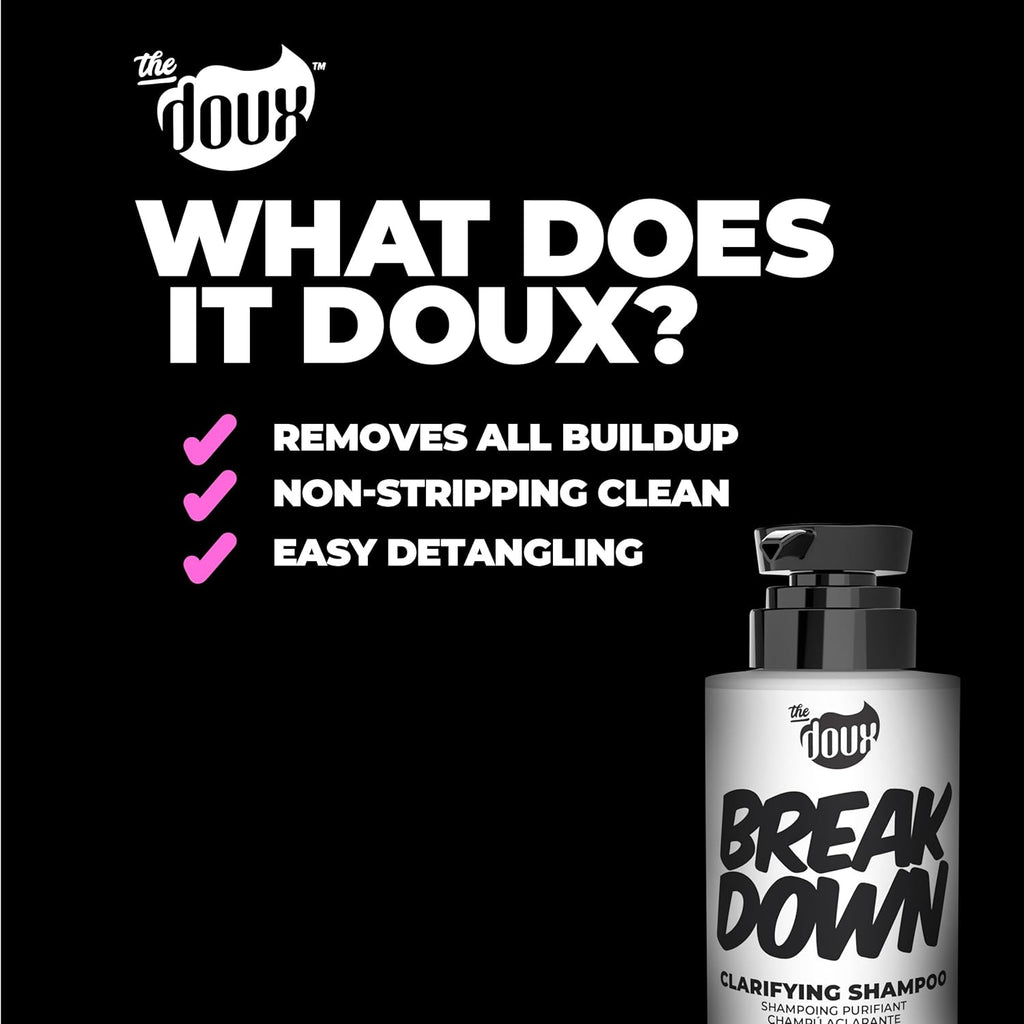 Promotional graphic for 'The Doux' shampoo with product and features listed on a black background.