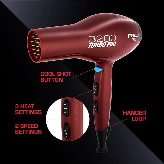 RedPro Turbo Pro 3200 Hair Dryer with BONUS Included Detangler Pik