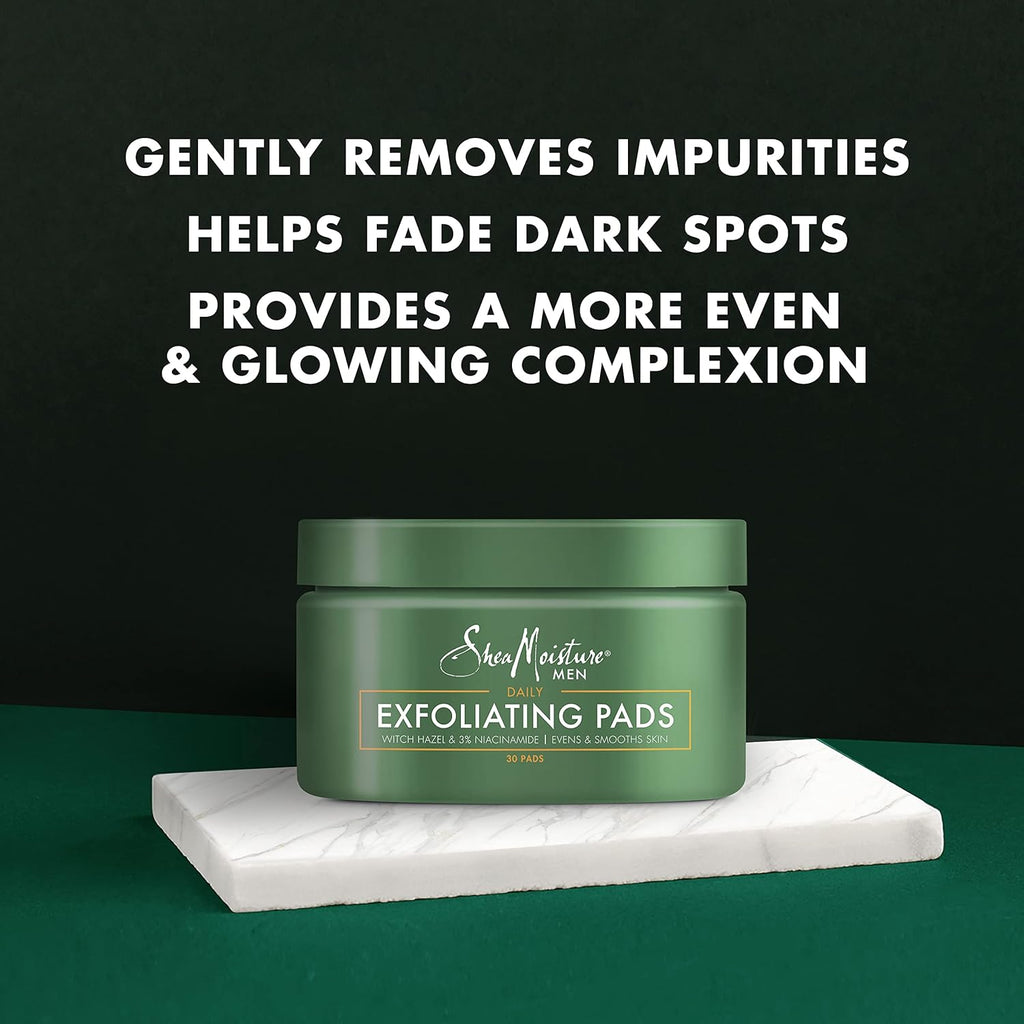 SheaMoisture Men Exfoliating Pads jar on a white platform with text on a black background