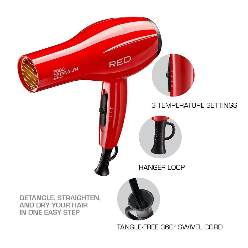 Red by Kiss Detangler 2000 Ceramic Hair Dryer Includes 3 Bonus Detangler Attachments