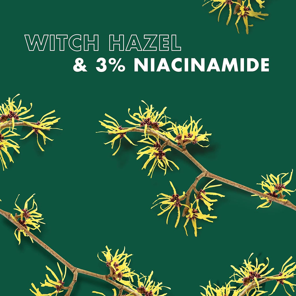 Witch hazel branches with yellow flowers on a green background with text 'Witch Hazel & 3% Niacinamide'.