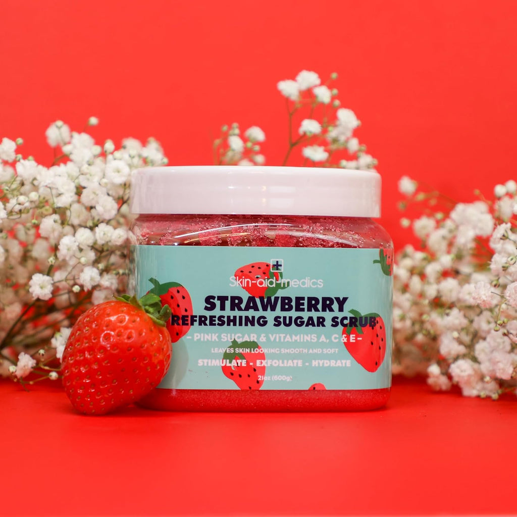 Skin-aid-medics Strawberry Refreshing Sugar Body Scrub jar front view with pink sugar