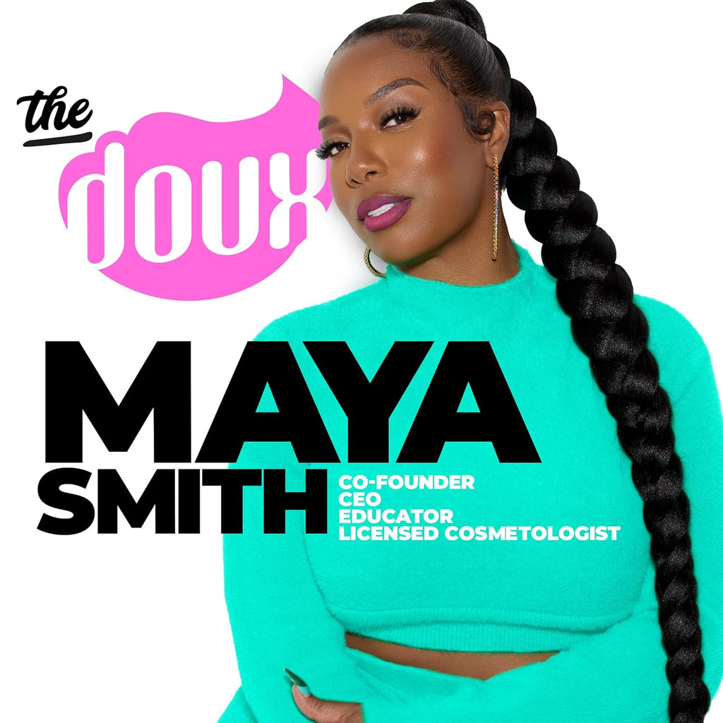 Woman with braided hair wearing a teal outfit with 'The Doux' branding and text about Maya Smith.