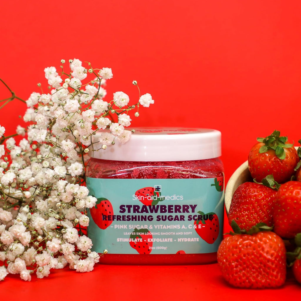Skin-aid-medics Strawberry Refreshing Sugar Body Scrub jar front view with pink sugar