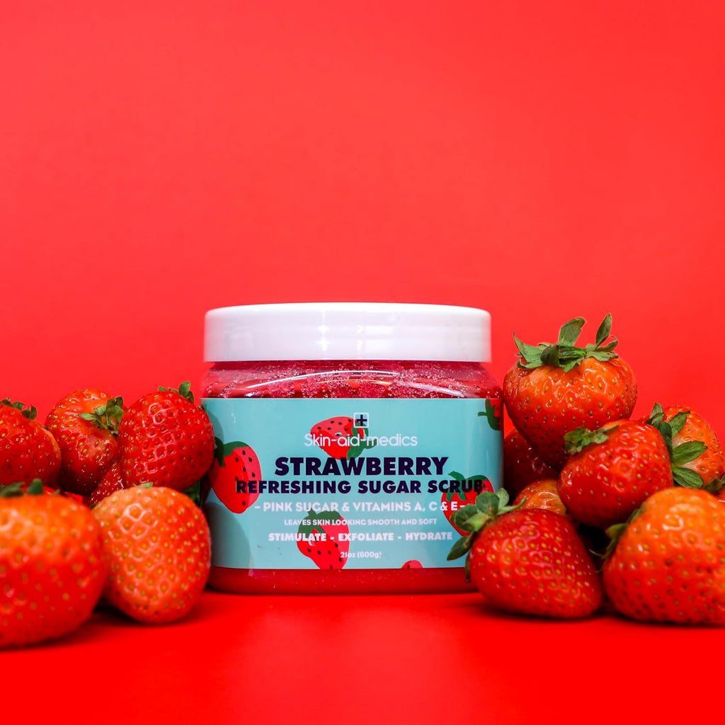 Skin-aid-medics Strawberry Refreshing Sugar Body Scrub jar front view with pink sugar