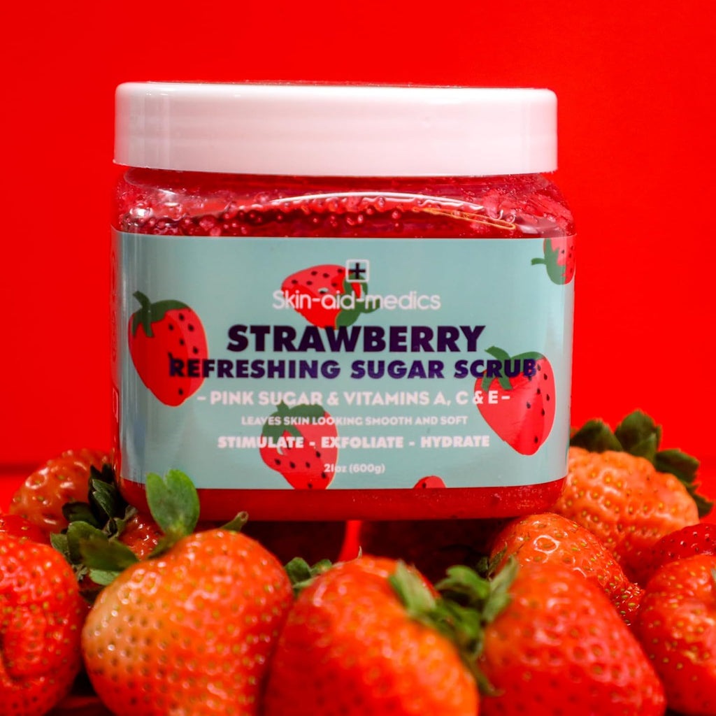 Skin-aid-medics Strawberry Refreshing Sugar Body Scrub jar front view with pink sugar