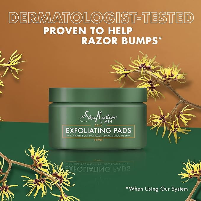 SheaMoisture Men's exfoliating pads jar with yellow flowers on a green and brown background