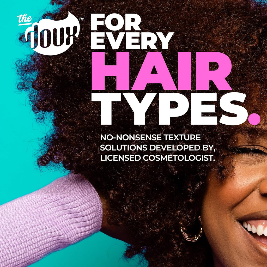 Advertisement for hair care product with a woman and text about hair types and solutions.