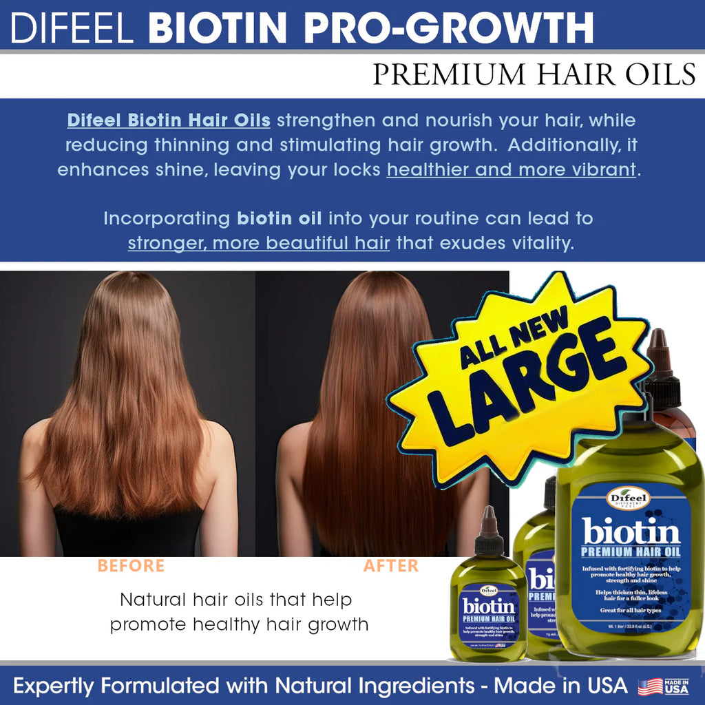 Advertisement for Difeel Biotin Pro-Growth Premium Hair Oils with before and after images of hair, and product packaging.