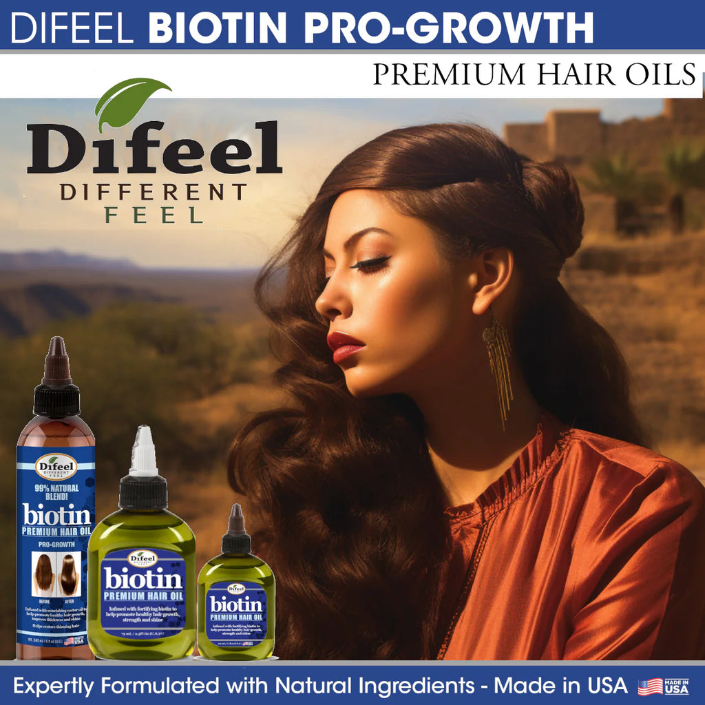 Difeel Biotin Pro-Growth premium hair oils with a woman and desert background