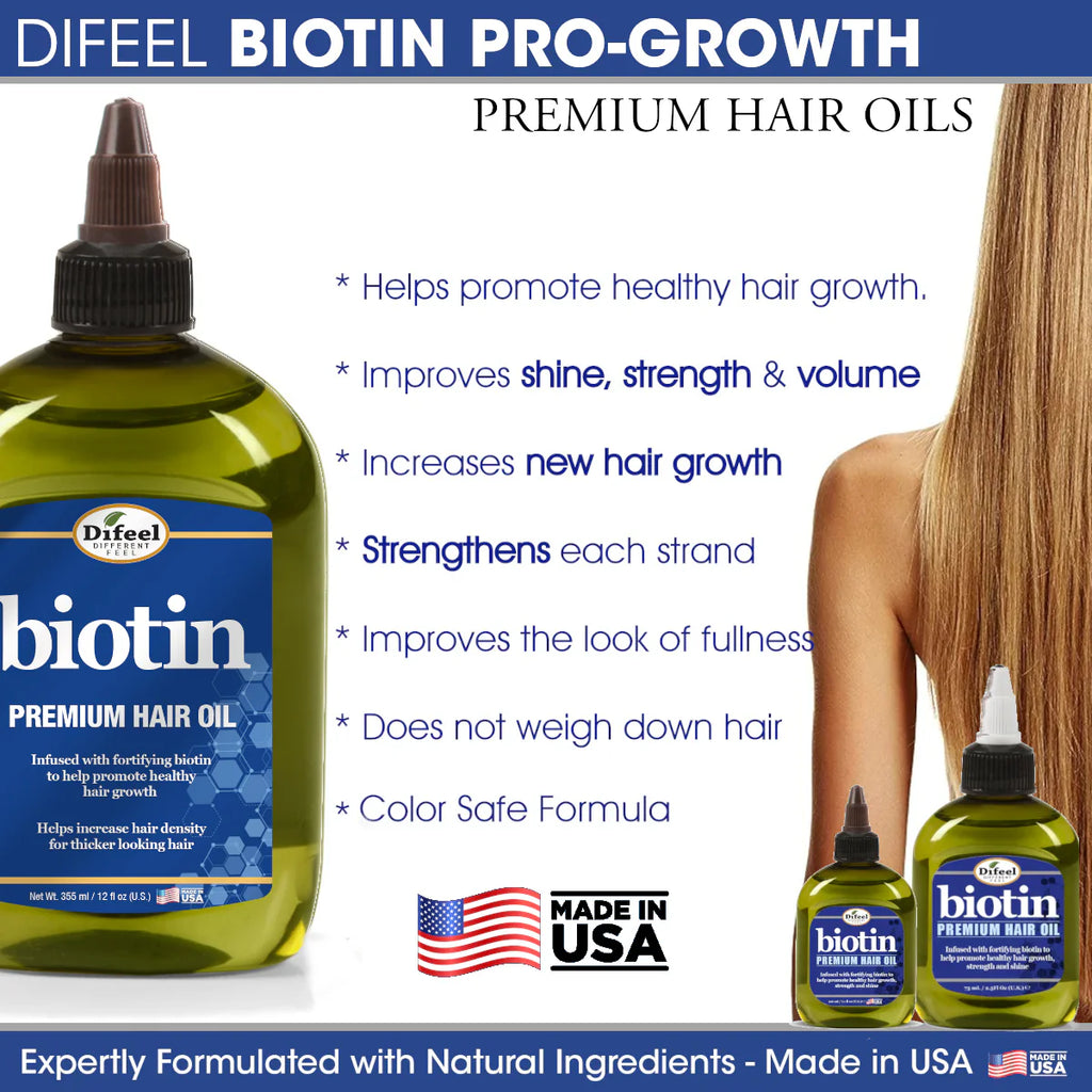 Difeel Biotin Pro-Growth premium hair oil with product packaging and promotional text.