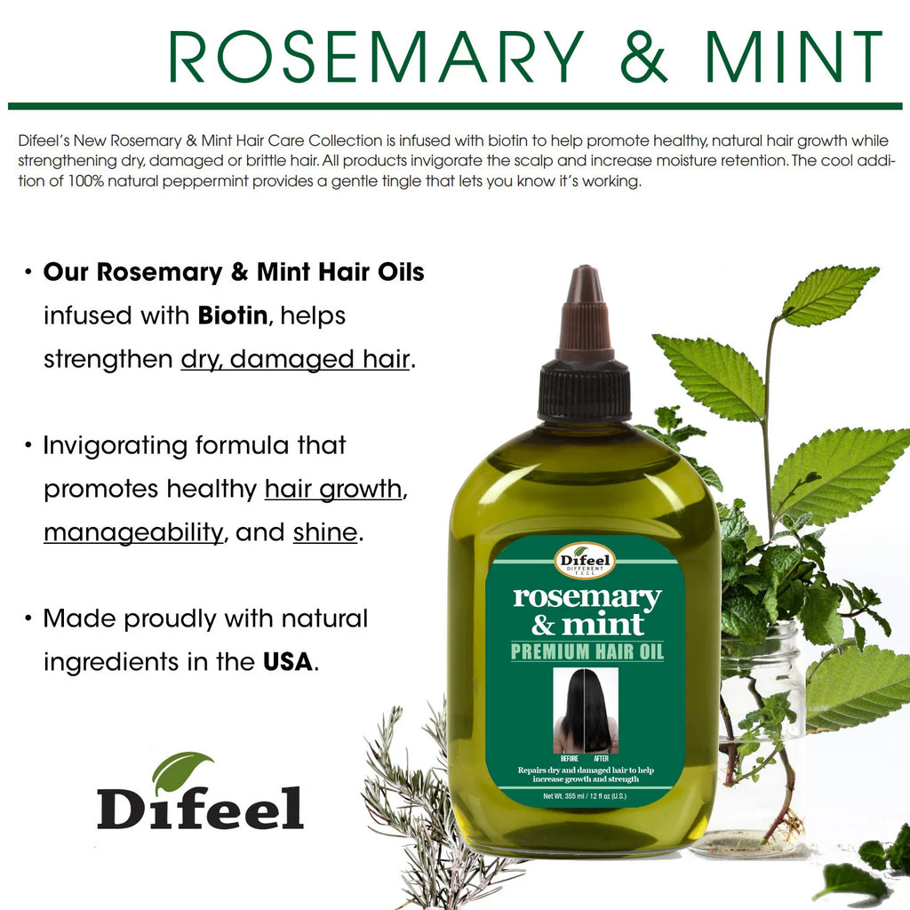 Difeel Rosemary & Mint hair oil bottle with product description and branding on a white background