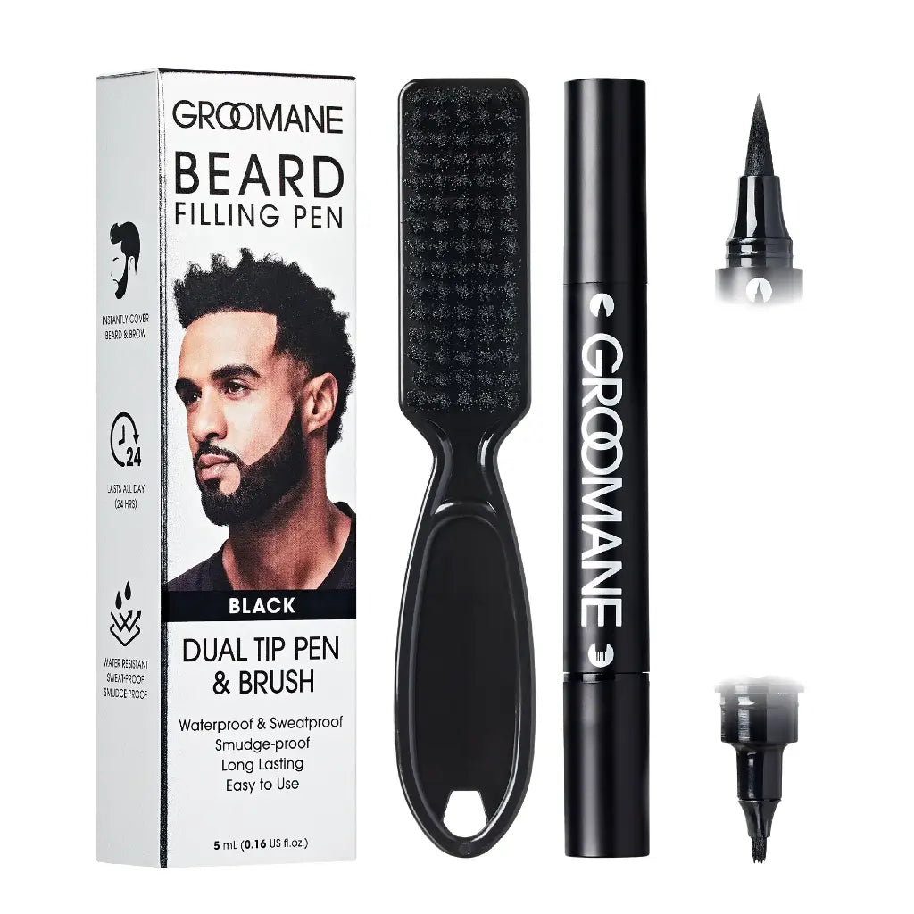 Groomane beard filling pen set with packaging, brush, and dual tip pen on a white background