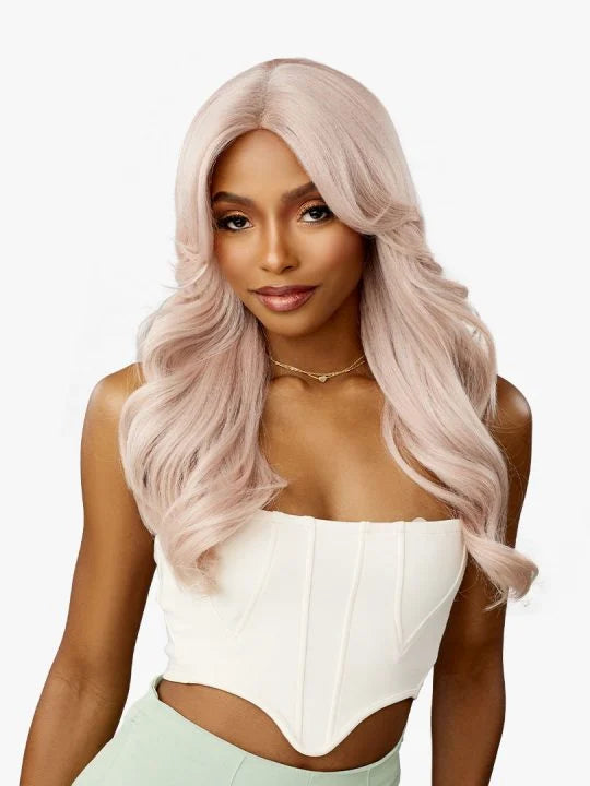 Celestia V-Part Wig styled with loose body waves on model
