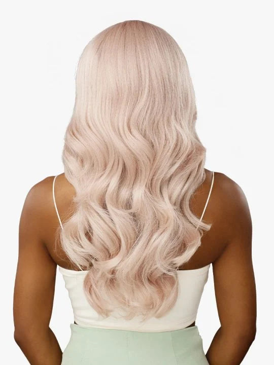 Celestia V-Part Wig styled with loose body waves on model
