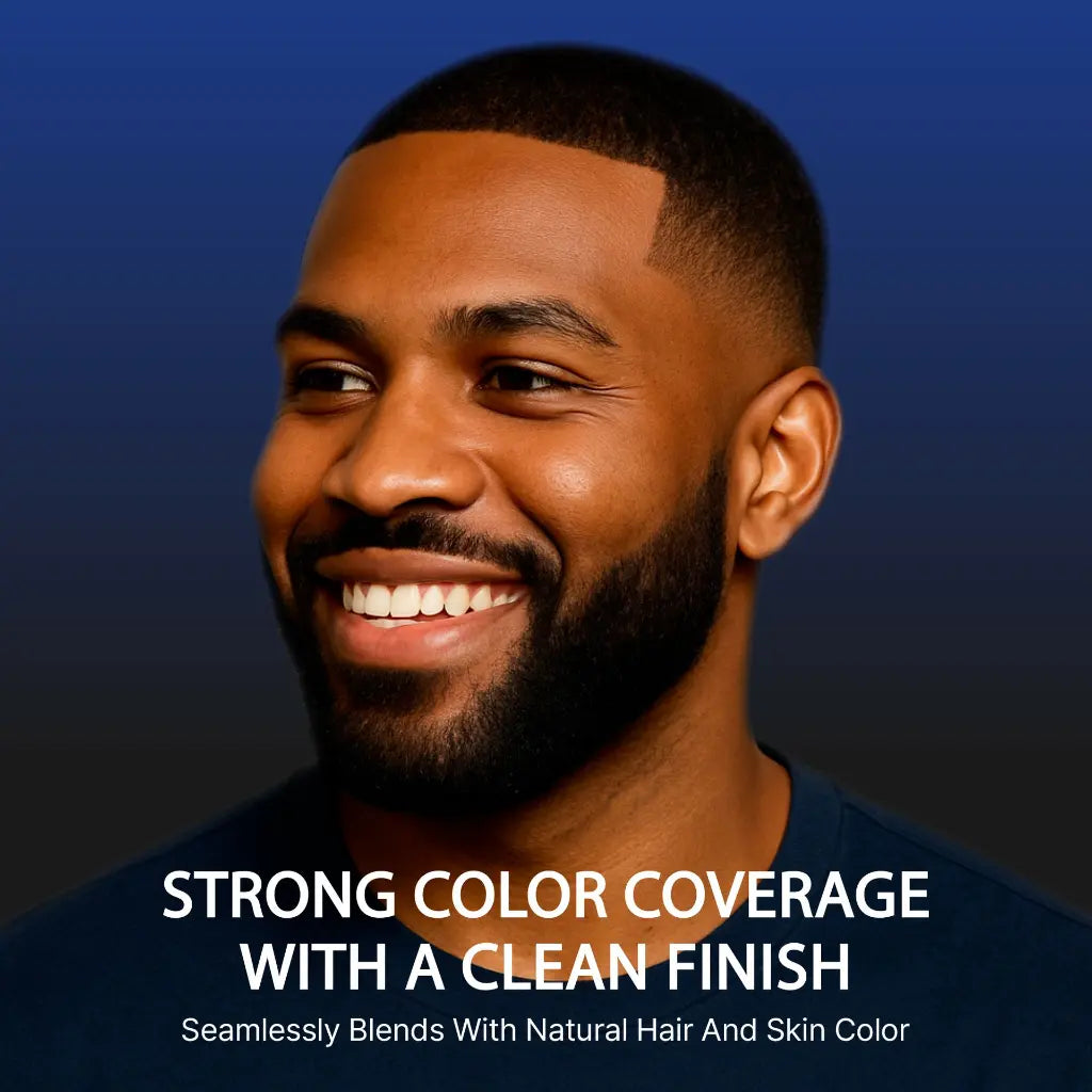 Man with a beard and mustache on a dark background with text about color coverage.