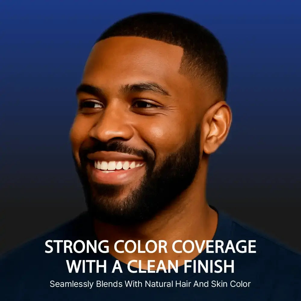 Man with a beard and mustache on a dark background with text about color coverage.