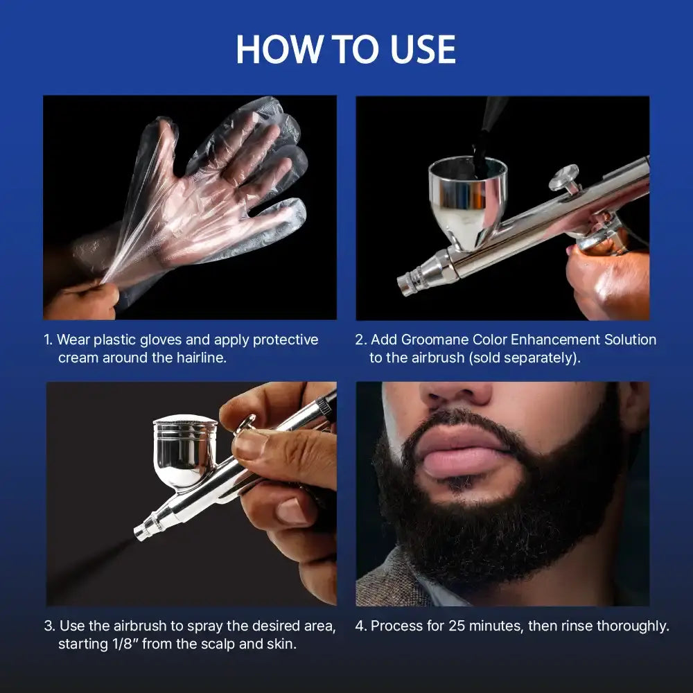 Instructions on how to use a hair color enhancement product with an airbrush, including steps and images of application.