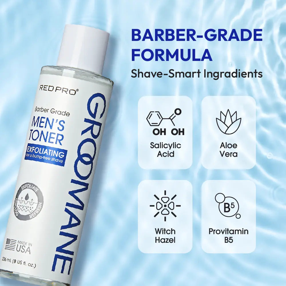 Groomane Men's Toner bottle with ingredients listed on a blue water background