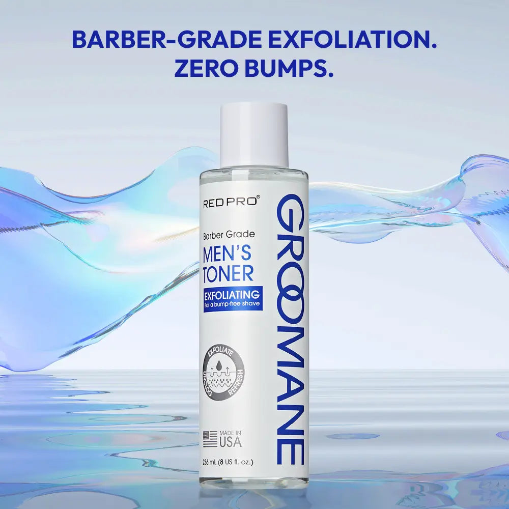 Groomane Men's Toner bottle with blue and white design on a gradient blue background
