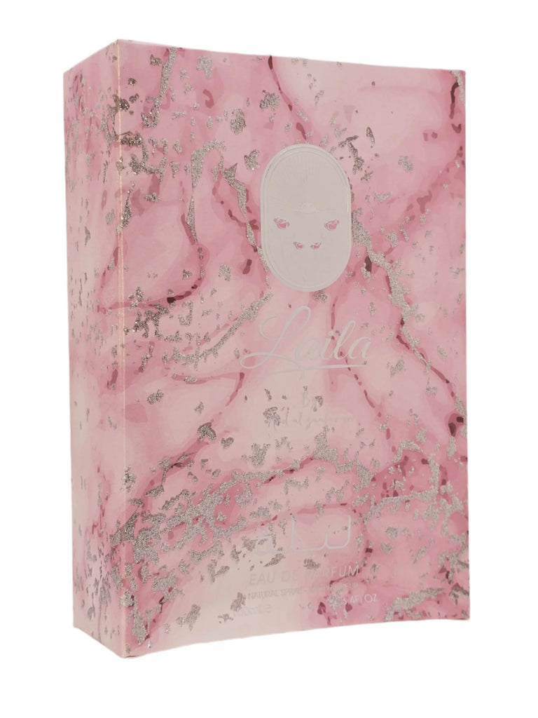 Pink marbled gift box with a white label on a white background