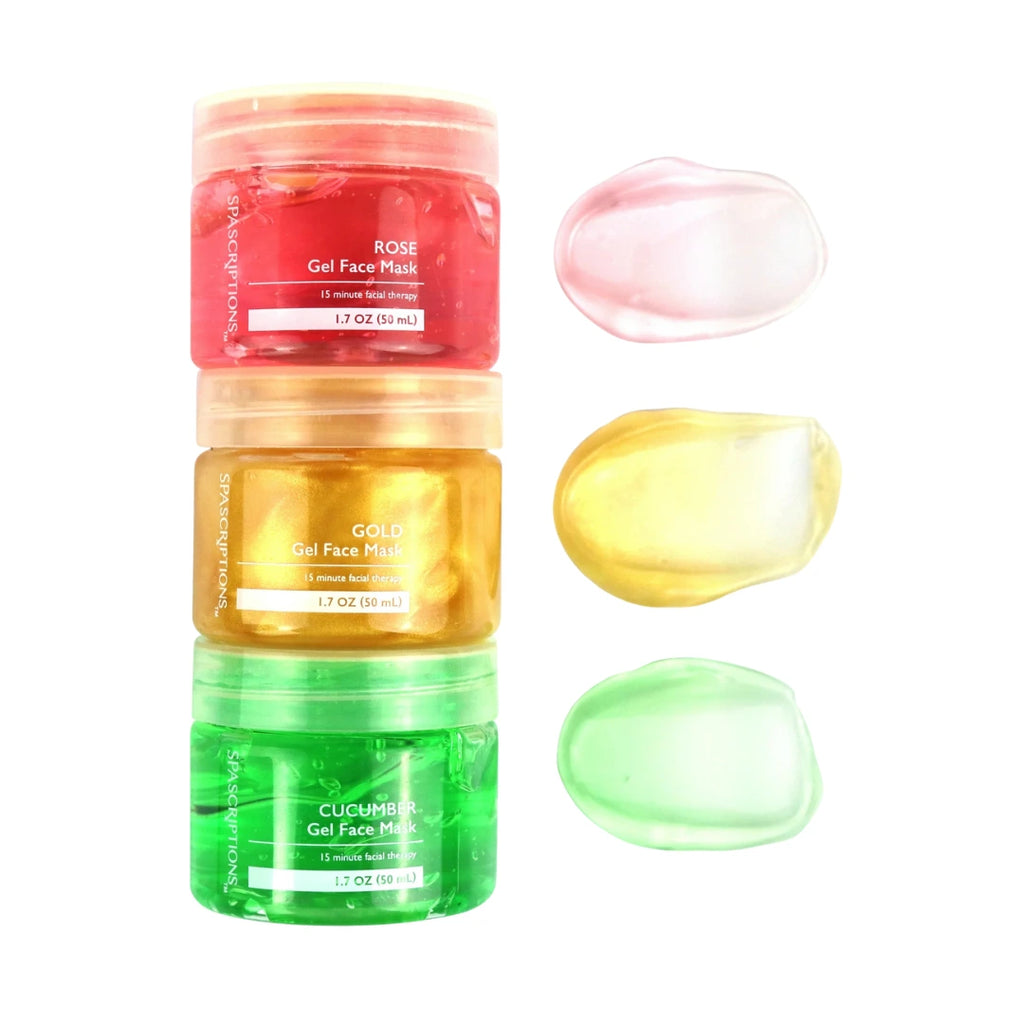 Three jars of gel face masks in rose, gold, and cucumber flavors with samples on a white background.