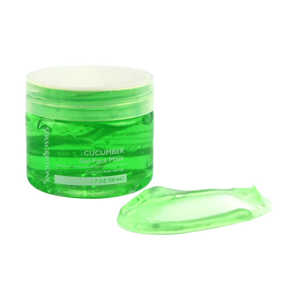 Green cucumber gel face mask jar with a sample on a white background