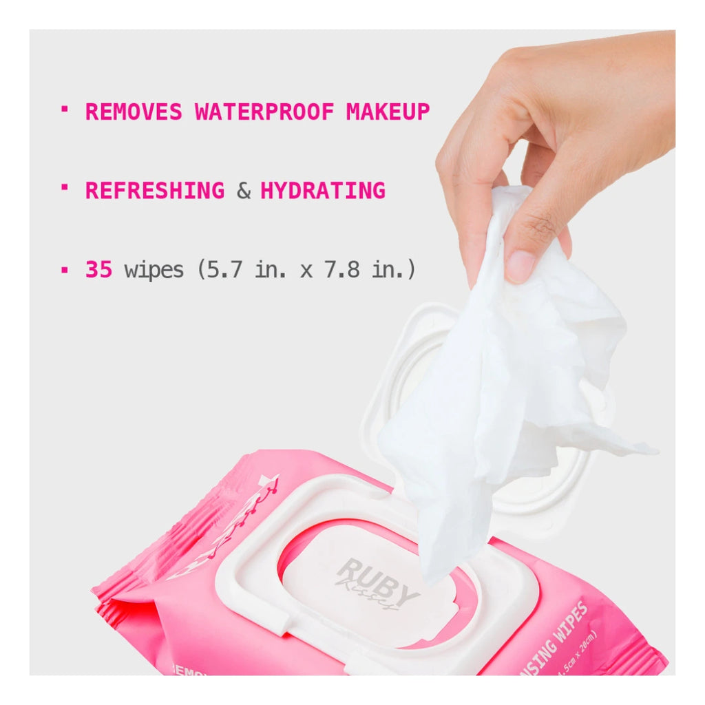 Pink and white makeup wipes with a hand holding a wipe, labeled 'Ruby', on a white background.