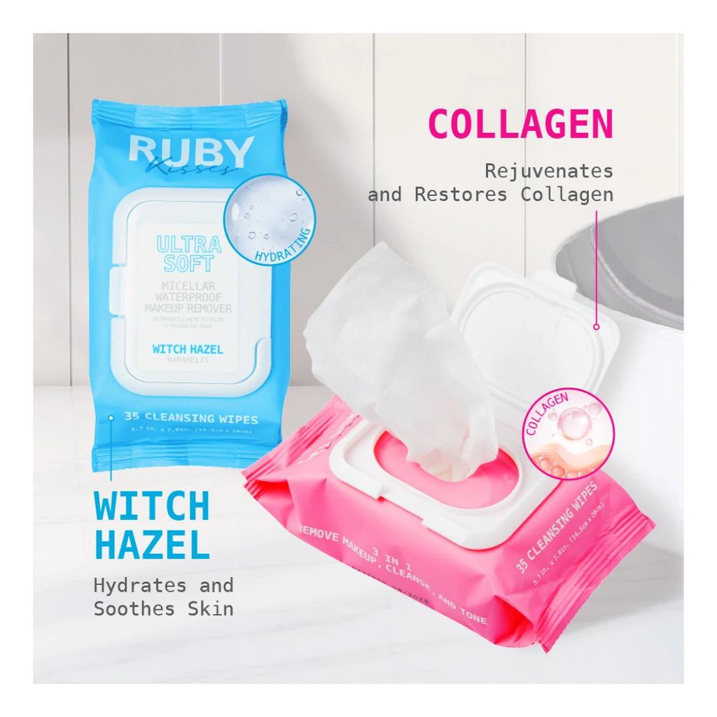 Open packaging showing Ruby Kisses makeup removing wipes

