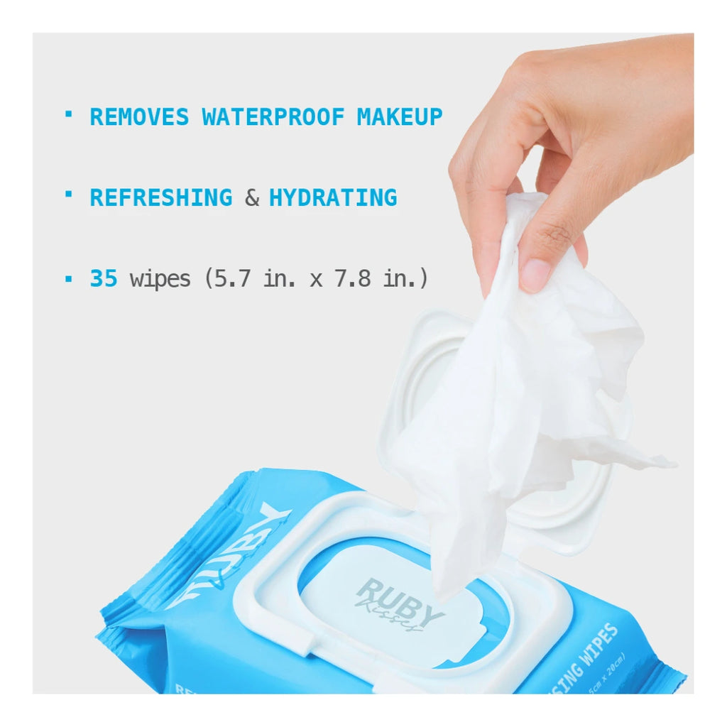 Packaging of Ruby wipes with a hand holding a wipe, highlighting features like waterproof makeup removal and refreshing hydrating effects.