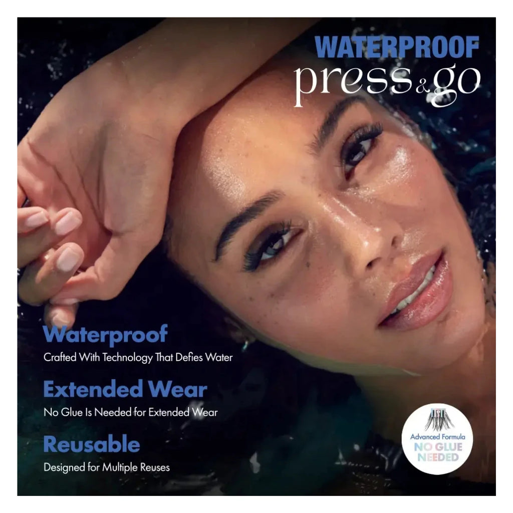 Woman with waterproof lashes on her face, surrounded by water droplets.